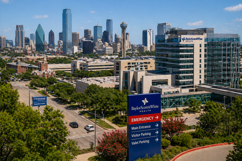 Wide-angle aerial view of Dallas skyline and hospital district with medical center buildings, representing healthcare access across Dallas Texas