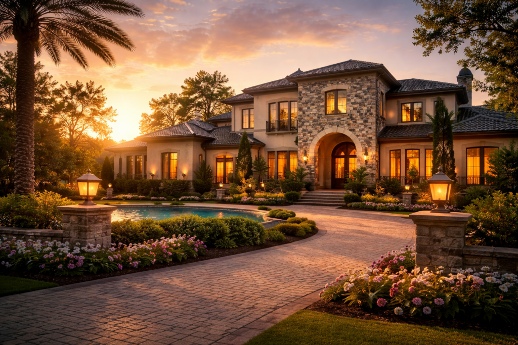 The image depicts a luxurious residential home exterior in Dallas, Texas, bathed in the warm hues of sunset, showcasing elegant architecture and manicured landscaping. This high net worth property exemplifies the kind of substantial assets often involved in high asset divorce cases, where property ownership and community property considerations are paramount.