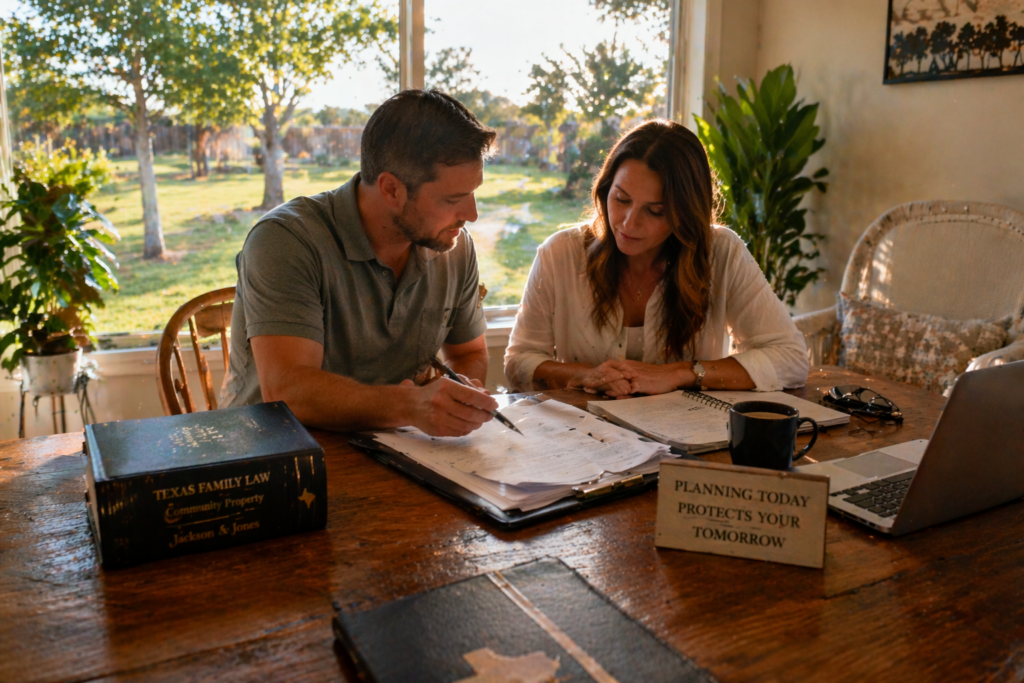 Couple reviewing financial documents together at a sunlit table, discussing community property and postnuptial planning in Texas