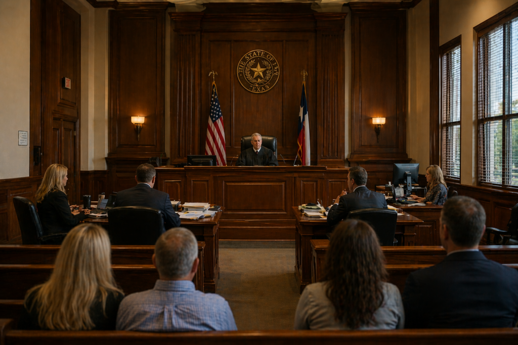 Wide-angle courtroom scene with judge, attorneys, and parties during a Texas divorce trial proceeding