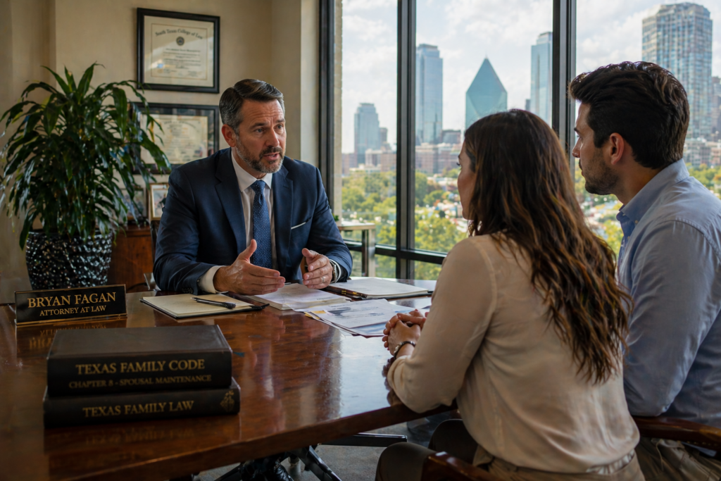 The image depicts a professional legal consultation setting, featuring neatly arranged documents on a polished table in a calm atmosphere, ideal for discussing matters such as spousal support and alimony in Dallas, Texas. The environment suggests a focus on family law needs, providing a comfortable space for clients to engage with their Dallas spousal support attorneys.