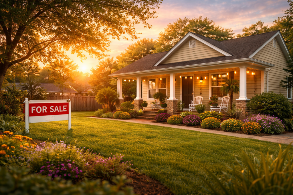 A suburban home in Richmond, Texas, stands gracefully against a vibrant sunset, casting a warm glow over the well-kept lawn and inviting porch. The calm atmosphere reflects the peaceful community, where families navigate the complexities of property division under Texas family law.