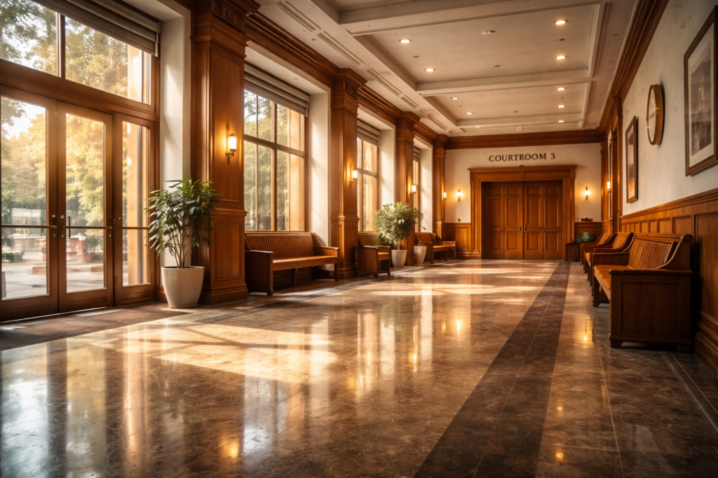 The image depicts a modern courthouse interior featuring a spacious, empty hallway illuminated by natural light pouring in through large windows, complemented by elegant wooden details. This setting represents a place where family law attorneys navigate legal processes related to family matters, such as child custody and divorce proceedings.