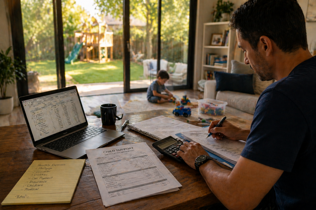 Parent reviewing child support calculations at a table while child plays in the background, illustrating financial planning and family stability in Texas divorce