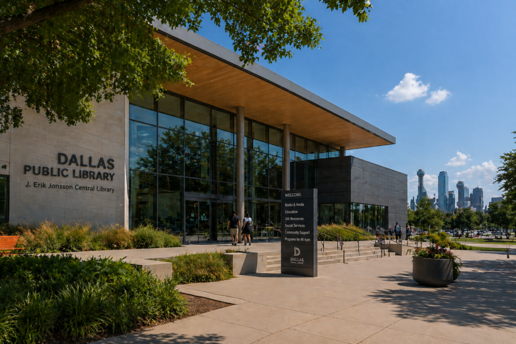 The image depicts a modern library building featuring an exterior with large glass windows and a sleek architectural design. This facility serves as a hub for education services and community support programs in Dallas, offering resources for low-income families and access to various social services.