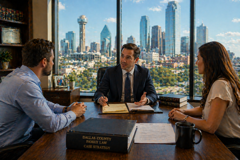 Wide-angle view of a Dallas divorce attorney meeting with a couple in a modern office, discussing legal strategy and protecting their rights