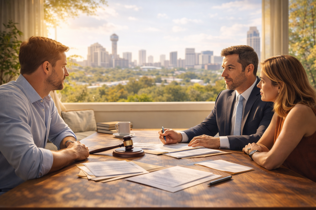 Divorce lawyer meeting with a couple reviewing legal documents at a table with Dallas skyline in background
