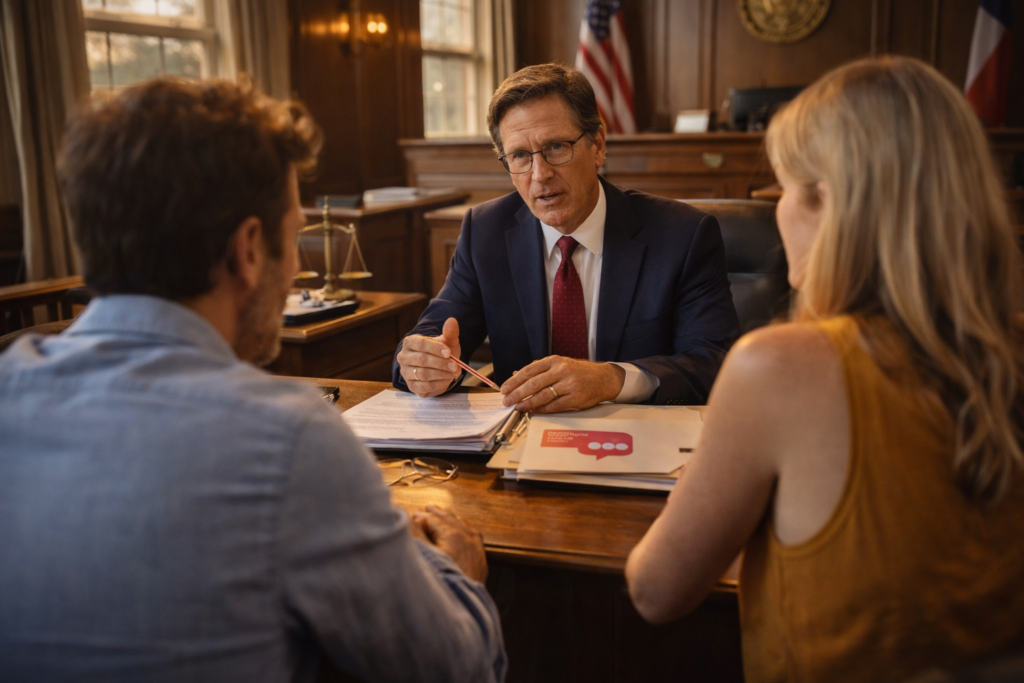 Richmond family law attorney consulting with couple in courtroom, reviewing legal documents for divorce decree modification case