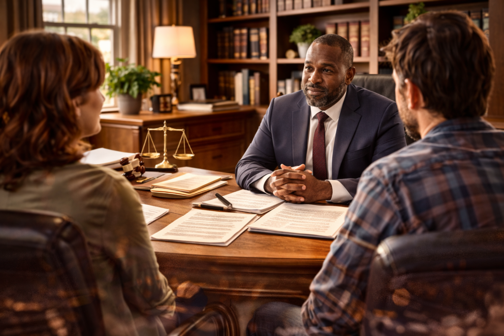 Family law attorney meeting with parents in office discussing termination of parental rights in Richmond Texas and legal strategy