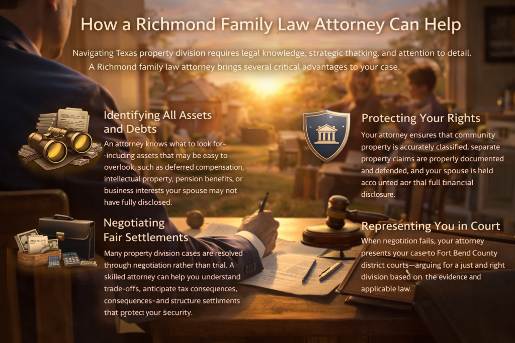 Richmond family law attorney reviewing divorce documents and helping client with property division, asset identification, and court representation