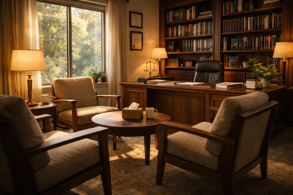 The image depicts a calming professional office space designed for a family law attorney, featuring shelves filled with legal books, a comfortable seating area, and warm afternoon light illuminating the room. This inviting environment reflects the compassionate guidance and legal support offered by experienced Texas family law attorneys in navigating family law matters such as child custody and divorce proceedings.