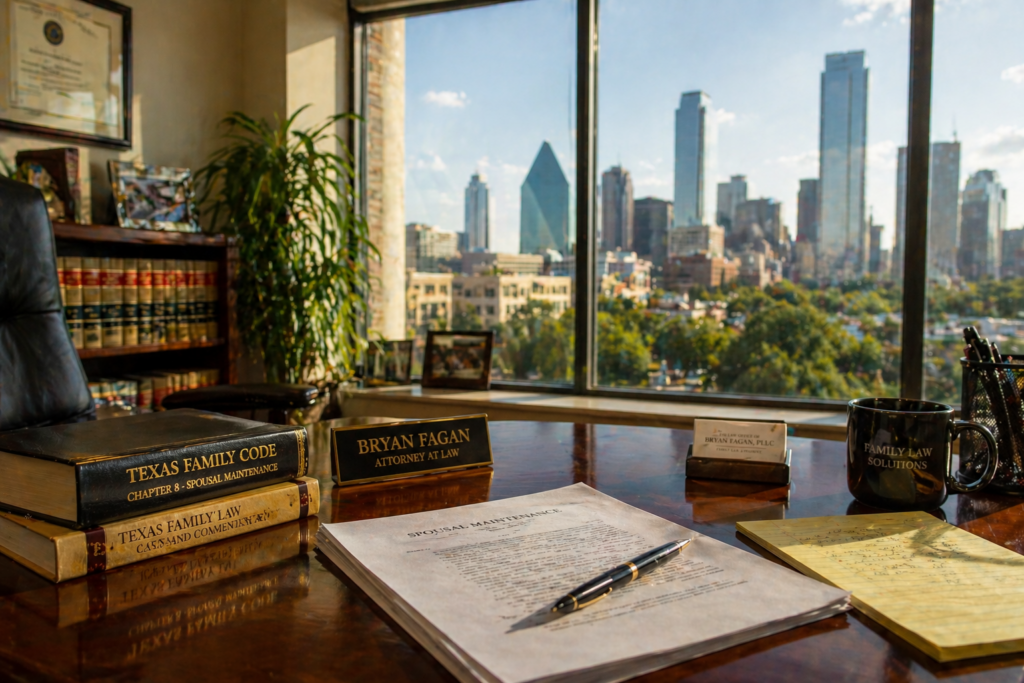 The image depicts a calm professional office setting featuring a desk neatly arranged with legal documents, reflecting an environment suitable for a Dallas spousal support attorney. This setting suggests a focus on family law matters, such as spousal support and alimony arrangements.