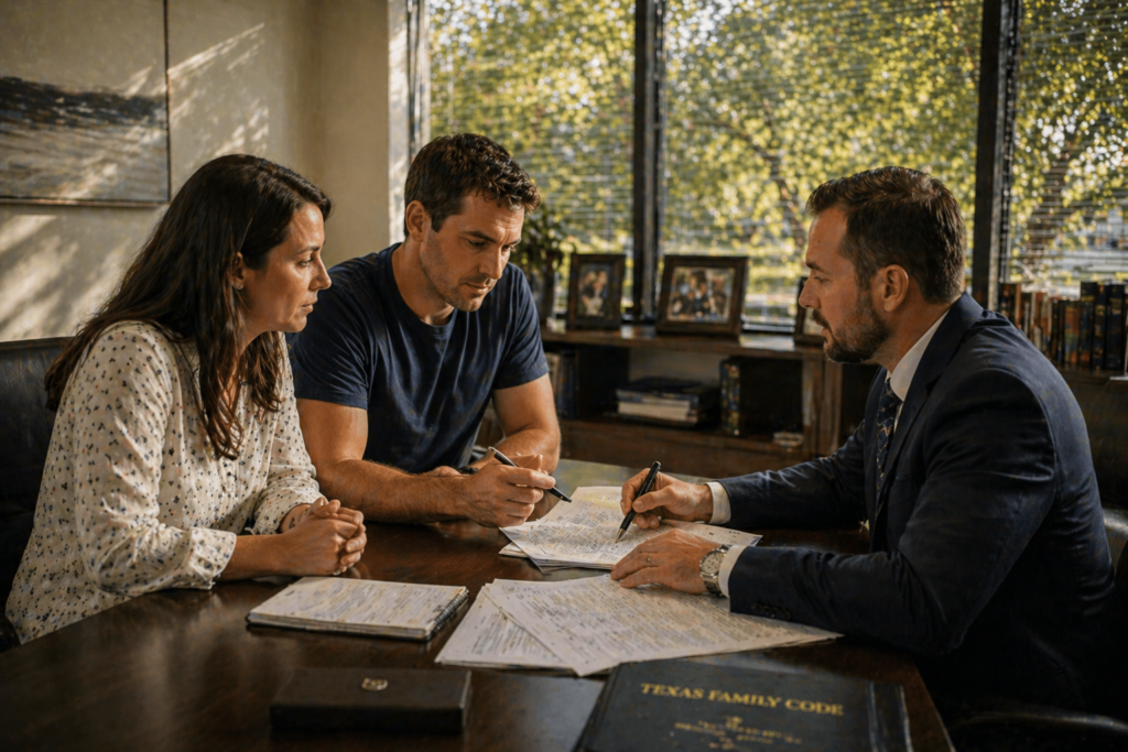 Parents meeting with attorney reviewing documents to modify visitation order in Texas family law case