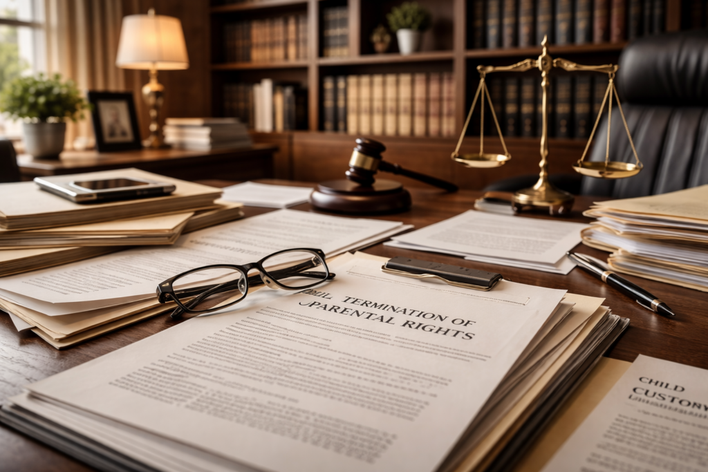 The image depicts a professional legal office featuring a desk cluttered with various legal documents in neutral tones, suggesting a focus on matters such as parental rights termination and child custody cases. The environment conveys a sense of seriousness and professionalism, essential for addressing complex legal relationships under Texas law.