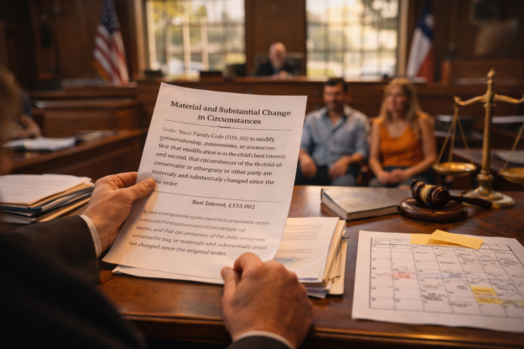 Judge reviewing “material and substantial change” document in Texas courtroom with parents seated in background, illustrating custody modification case