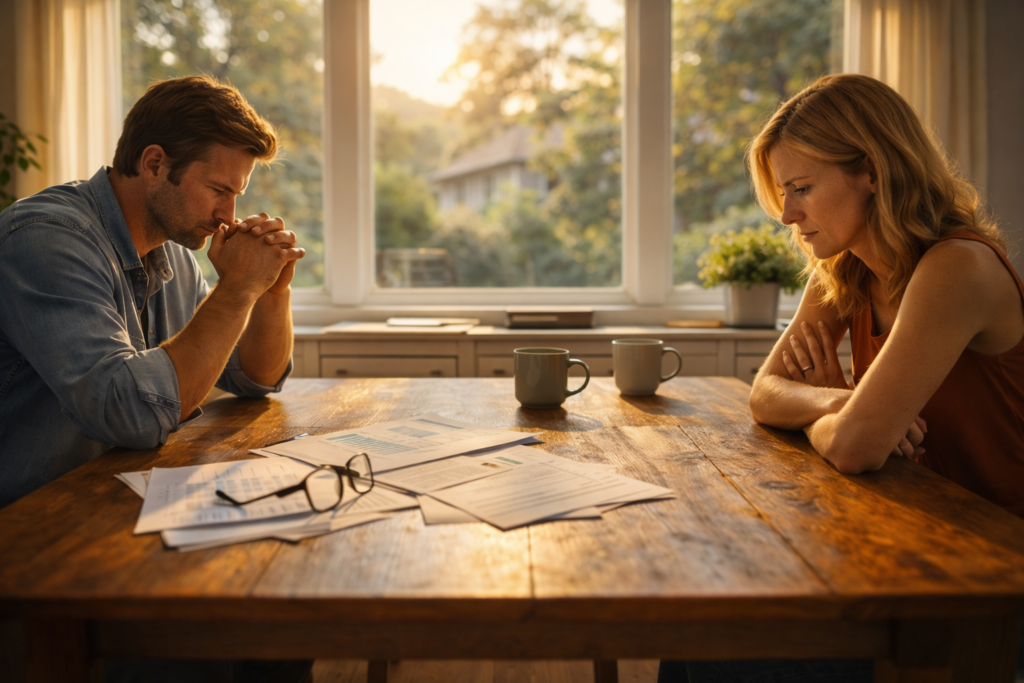 Couple sitting apart at a table reviewing documents during a tense moment in a collaborative divorce discussion in Dallas Texas