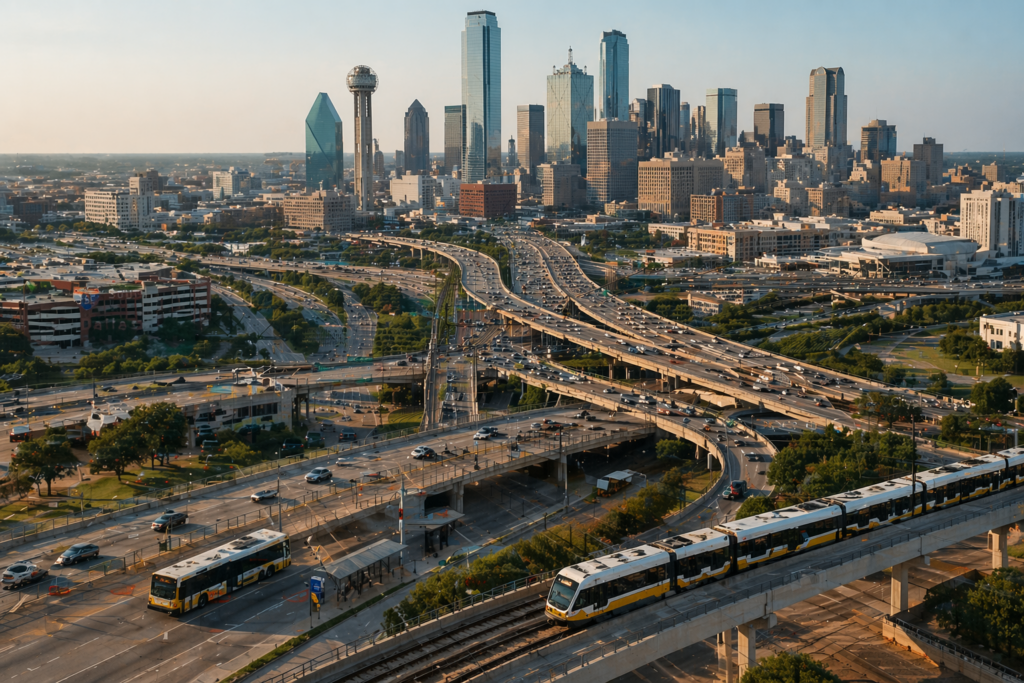 Dallas skyline with busy highway traffic and DART light rail train, illustrating transportation in Dallas Texas with car and public transit options
