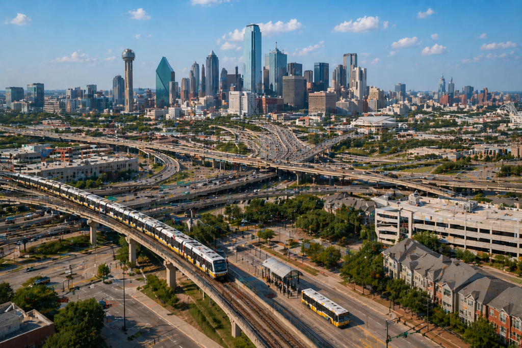 An aerial view of Dallas showcases the bustling highways during daylight, with the impressive downtown Dallas skyline in the background. The image highlights the city's efficient transportation system, including bus routes and the DART light rail, which connect residents to various destinations across the Dallas area.