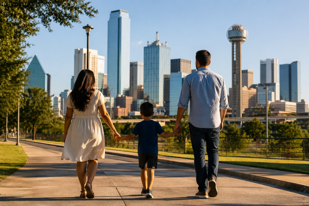 Family walking together in Dallas park representing stability and support during divorce and access to medical resources in Dallas Texas