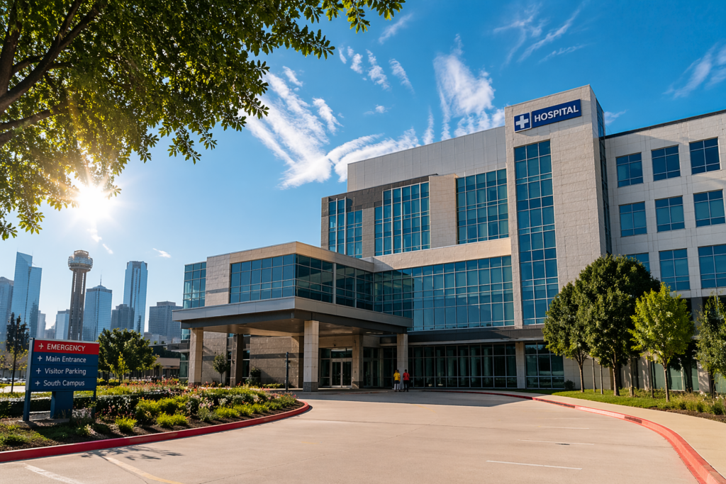 The image depicts a modern hospital building in Dallas, Texas, showcasing clean architectural lines against a bright blue sky. This facility represents a commitment to high-quality medical services and compassionate patient care within the community.