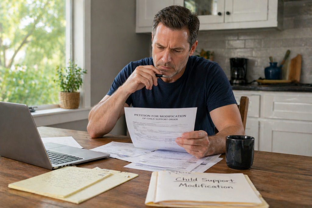 Father reviewing child support modification paperwork at kitchen table, considering financial changes and legal options