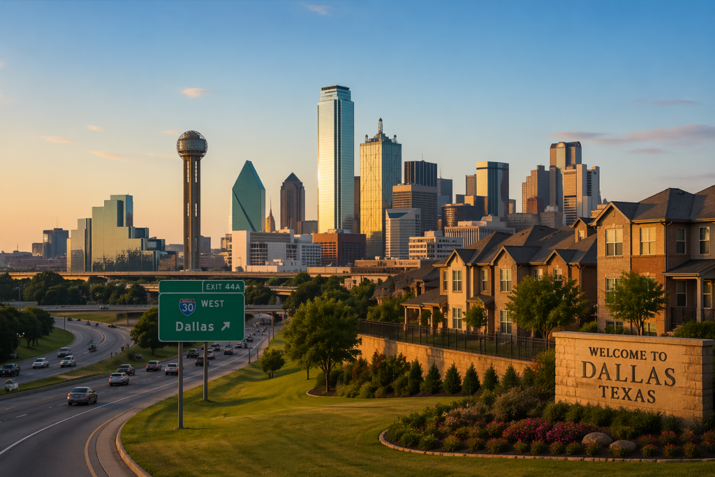 Wide-angle view of Dallas skyline at sunset with suburban homes and highway, capturing the appeal of moving to Dallas in Texas
