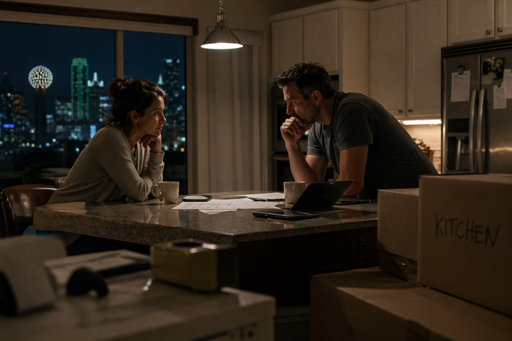 Parents discussing relocation and custody decisions at night while moving to Dallas in Texas