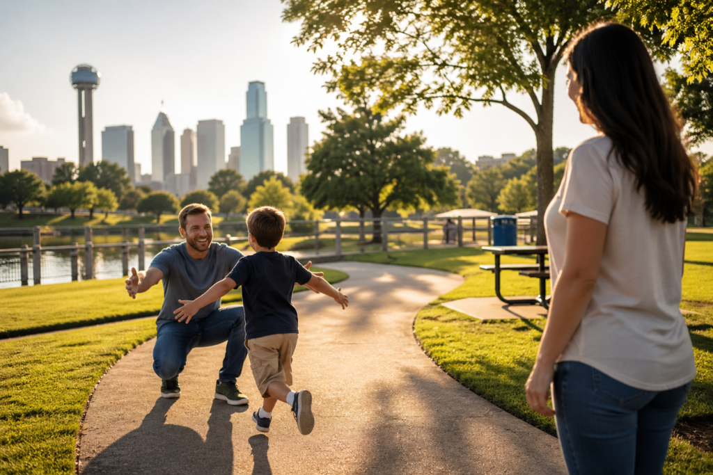 Father embracing child during a peaceful visitation exchange in a Dallas park, symbolizing positive co-parenting and emotional connection