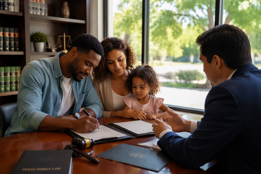 Paternity Actions in Richmond Texas consultation with parents and child meeting attorney in a bright office setting