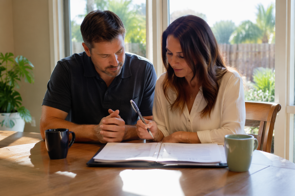 Couple reviewing and signing a postnuptial agreement together at a sunlit kitchen table, creating financial clarity and stability in Richmond, Texas