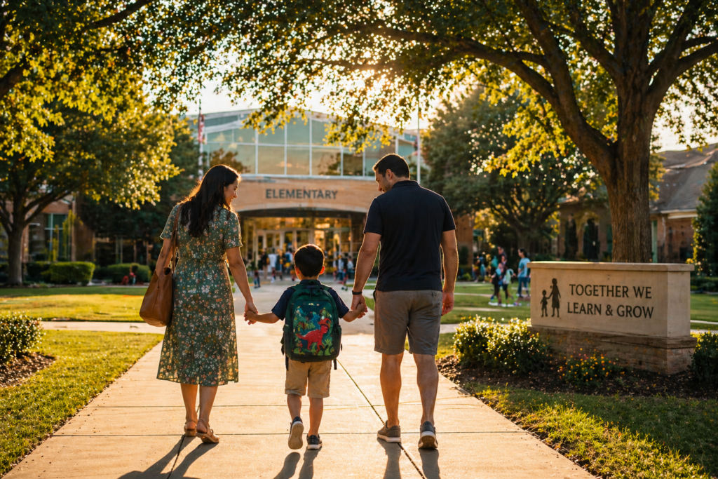 A family is walking hand-in-hand with a young child towards school in a suburban neighborhood of Dallas, surrounded by warm sunlight filtering through the trees. This scene captures the essence of community and education, emphasizing the importance of families and youth programs in fostering a supportive environment for learning and success.