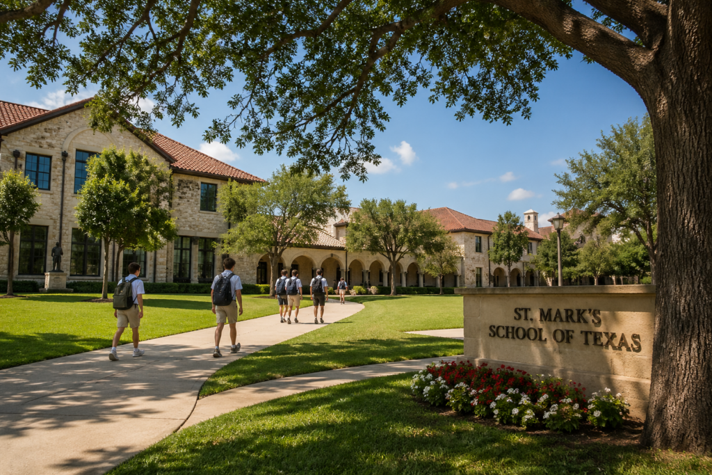 Wide-angle, photo-realistic image of a private school campus in Dallas on a sunny day, with students walking along a tree-lined pathway toward academic buildings, representing private and charter educational opportunities.