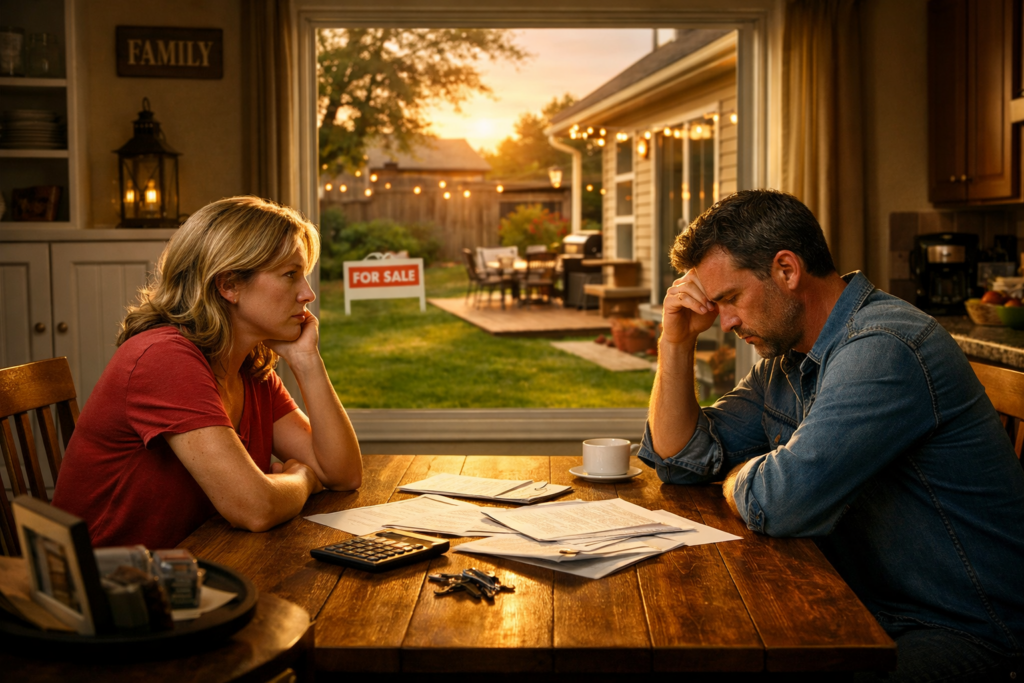 Property division in Richmond Texas couple reviewing divorce finances at kitchen table in family home
