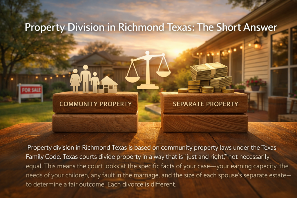 Property division in Richmond Texas concept showing community vs separate property with scales, money, and family home in a backyard setting