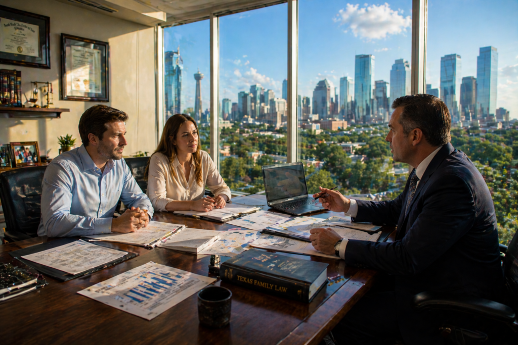 Couple meeting with divorce attorney reviewing financial documents and property division in a modern Texas law office
