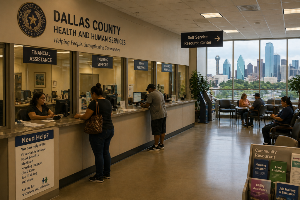 The image depicts an interior government office setting in Dallas, Texas, featuring service counters where clients can access various social services programs, including financial assistance and housing support. Organized paperwork is visible, indicating a structured environment aimed at assisting low-income families and individuals in need of resources and referrals.