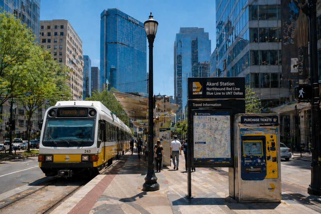 The image depicts a vibrant city street view in downtown Dallas, showcasing the DART light rail system alongside modern urban buildings. In the background, you can see the bustling transit system, with ticket vending machines and public transportation options available for commuters, illustrating the connectivity of the Dallas area rapid transit network.