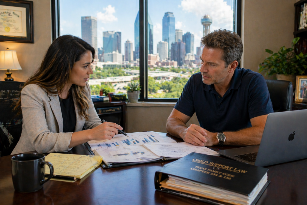 Attorney explaining child support calculations to client using financial charts in Dallas office setting