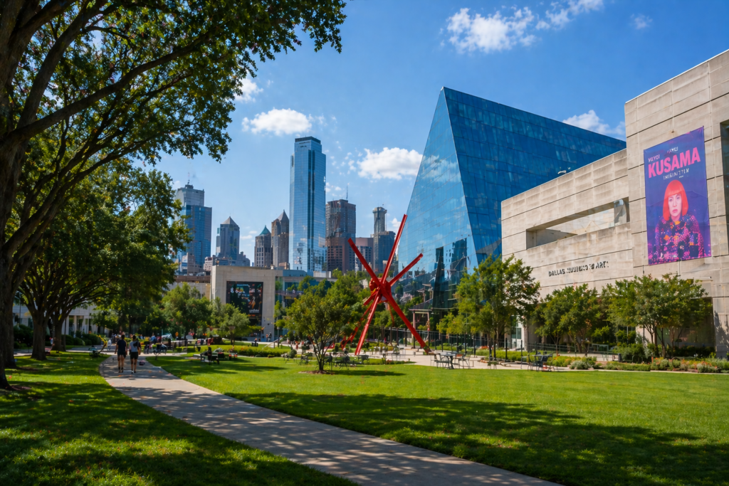 The image showcases the Dallas Museum District, highlighting its unique cultural architecture alongside lush urban green spaces. This vibrant area in the Dallas Fort Worth metroplex features a blend of art and nature, making it a perfect spot for both locals and visitors to enjoy the rich cultural experience of downtown Dallas.