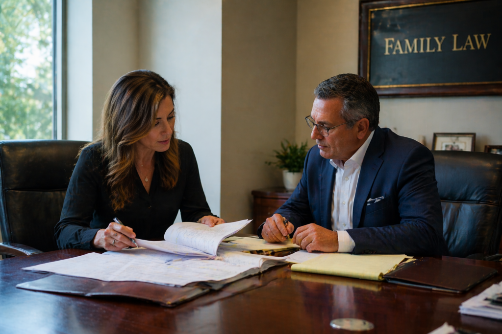Two individuals are seated at a table in a neutral professional setting, reviewing a spread of paperwork that likely includes divorce documents related to contested and uncontested divorces. Their focus suggests they are discussing important issues such as child custody, property division, or spousal support within the divorce process.