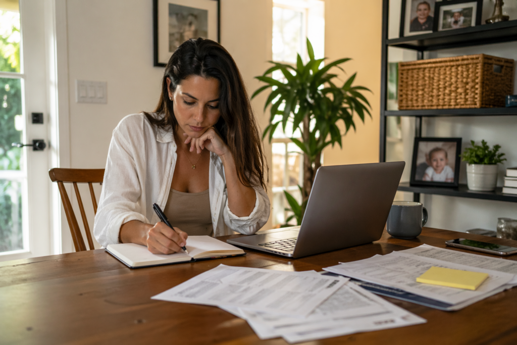 Parent reviewing documents and taking notes at home while preparing for a child custody case in Texas