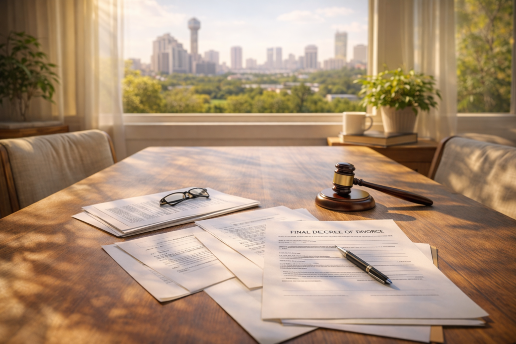 Final decree of divorce documents on a sunlit table with gavel and Dallas skyline in background