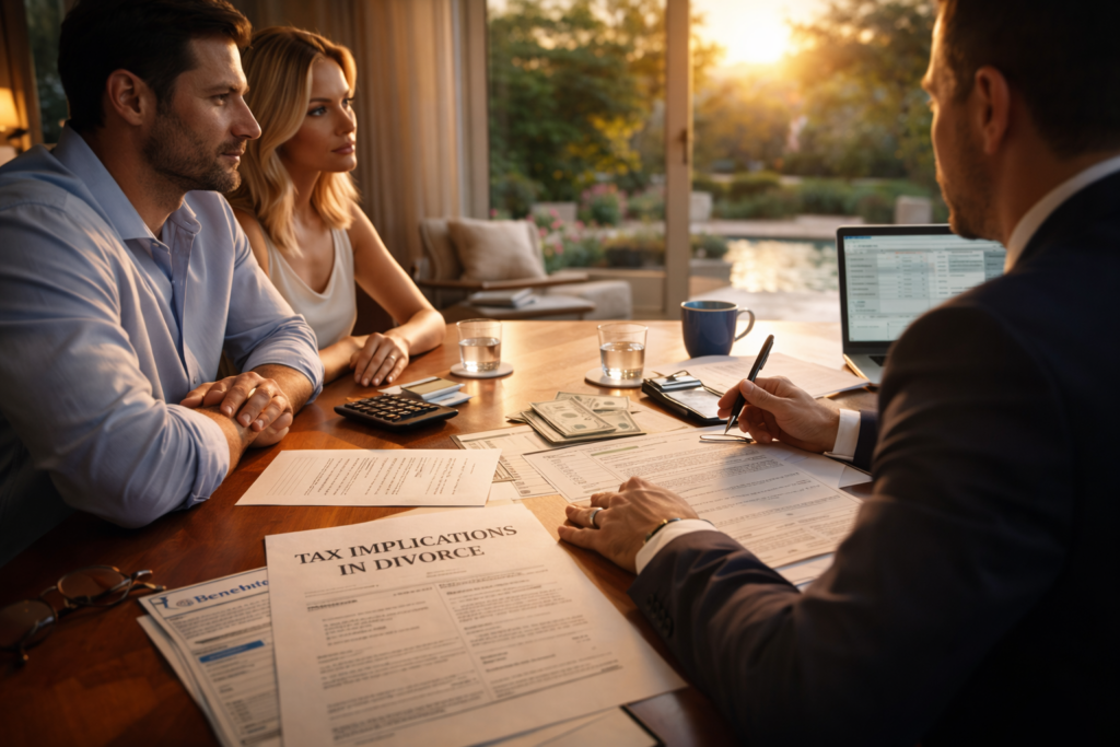 High net worth divorce tax planning meeting with couple and advisor reviewing financial documents and asset division strategy