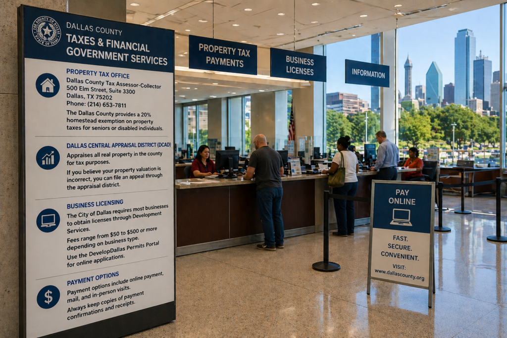 Dallas County tax office interior with residents paying property taxes and accessing financial government services in Dallas Texas