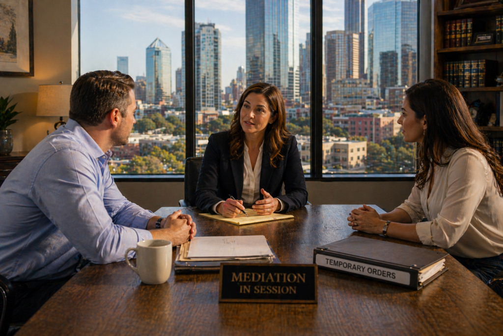 Wide-angle view of a mediation session in a modern office with a neutral third party helping a couple negotiate temporary orders in a Texas divorce