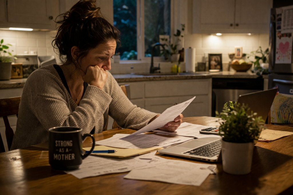 Parent reviewing legal paperwork at kitchen table late at night considering termination of parental rights in Richmond Texas