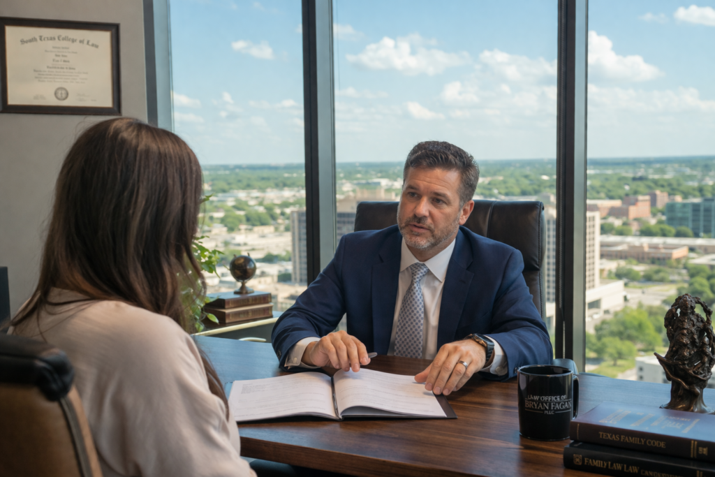 Texas family law attorney discussing a Texas Motion to Retain with client in office