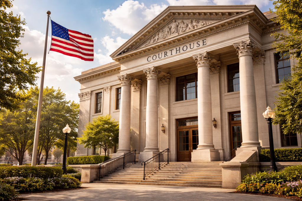 The image depicts the exterior of a courthouse, prominently featuring an American flag, which symbolizes justice and the legal proceedings that take place within. This setting is significant for matters such as the termination of parental rights in Richmond, Texas, where legal relationships and parental rights are evaluated under Texas law.