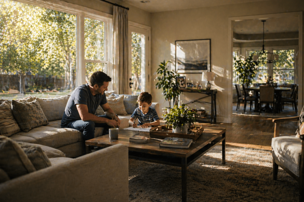The image depicts a calm and modern family home interior, illuminated by warm natural light streaming through large windows, creating a welcoming atmosphere. This serene environment reflects the importance of a nurturing space for children, emphasizing the child's well-being and the significance of visitation rights for non-custodial parents.