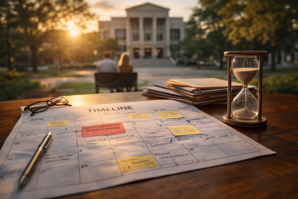 Calendar with marked legal timelines and hourglass on table outside courthouse at sunset, illustrating delays and timelines in Texas divorce modification cases